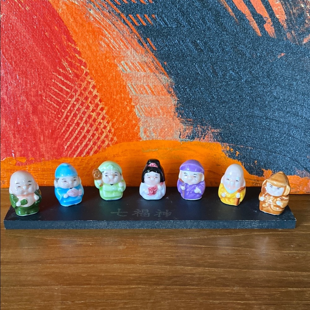 Miniature Vintage Ceramic Japanese Seven Lucky Gods (Shichifukujin) Set